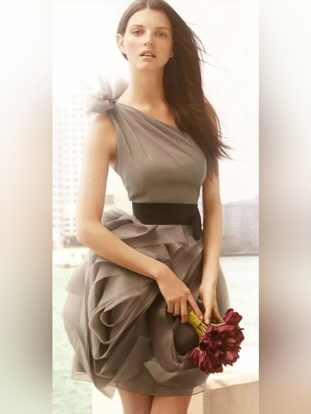 Vera Wang 3D Floral One Shoulder Cocktail Dress Taupe Gray Sz 10 ASO Gossip Girl
